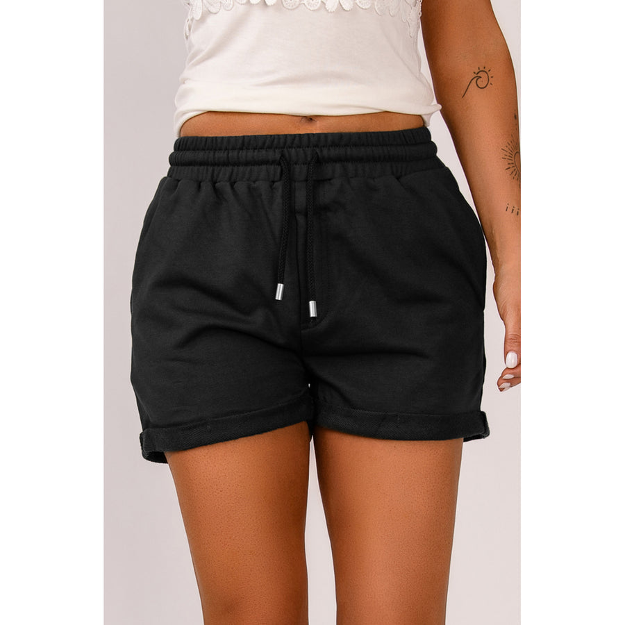 Womens Black Tie Waist Side Pockets Cuffed Lounge Shorts Image 1