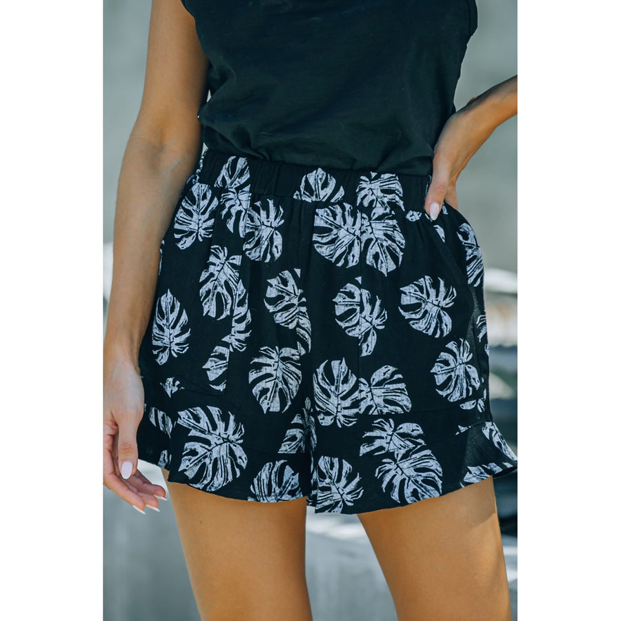 Womens Black Palm Tree Leaves Print Elastic Waist Shorts with Pocket Image 1