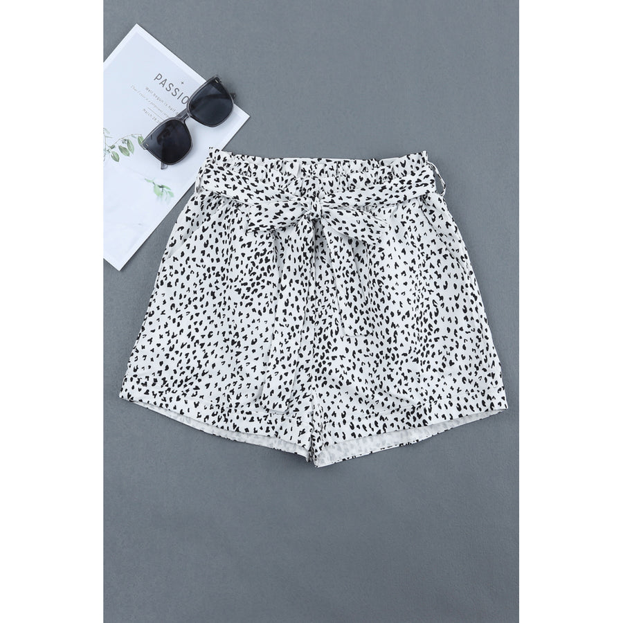 Womens White Leopard Print Pocket Drawstring Ruffled High Waist Shorts Image 1
