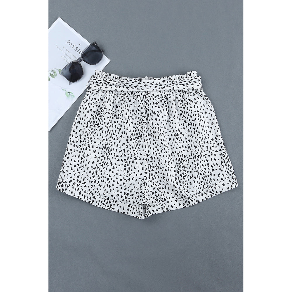 Womens White Leopard Print Pocket Drawstring Ruffled High Waist Shorts Image 2