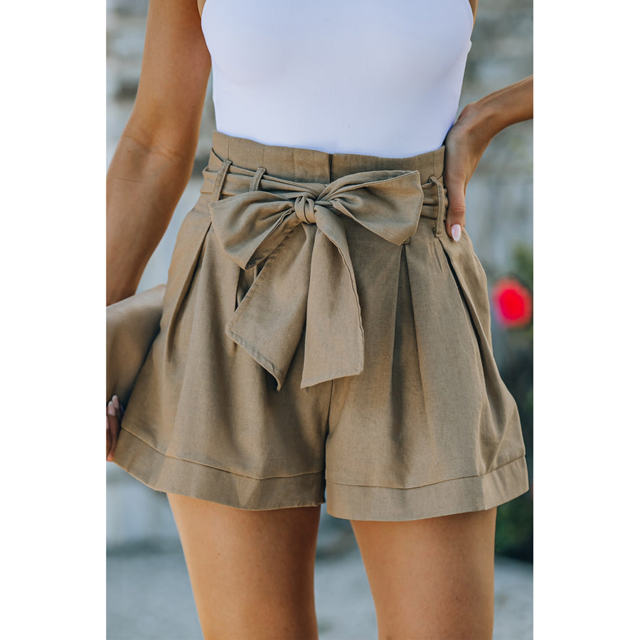 Womens Khaki Bow Knot Pleated High Waist Shorts with Pockets Image 1