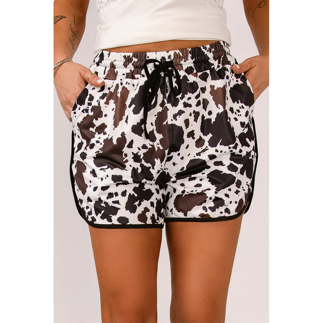 Womens Cow Print Straight Leg Drawstring Mid Waist Shorts Image 3