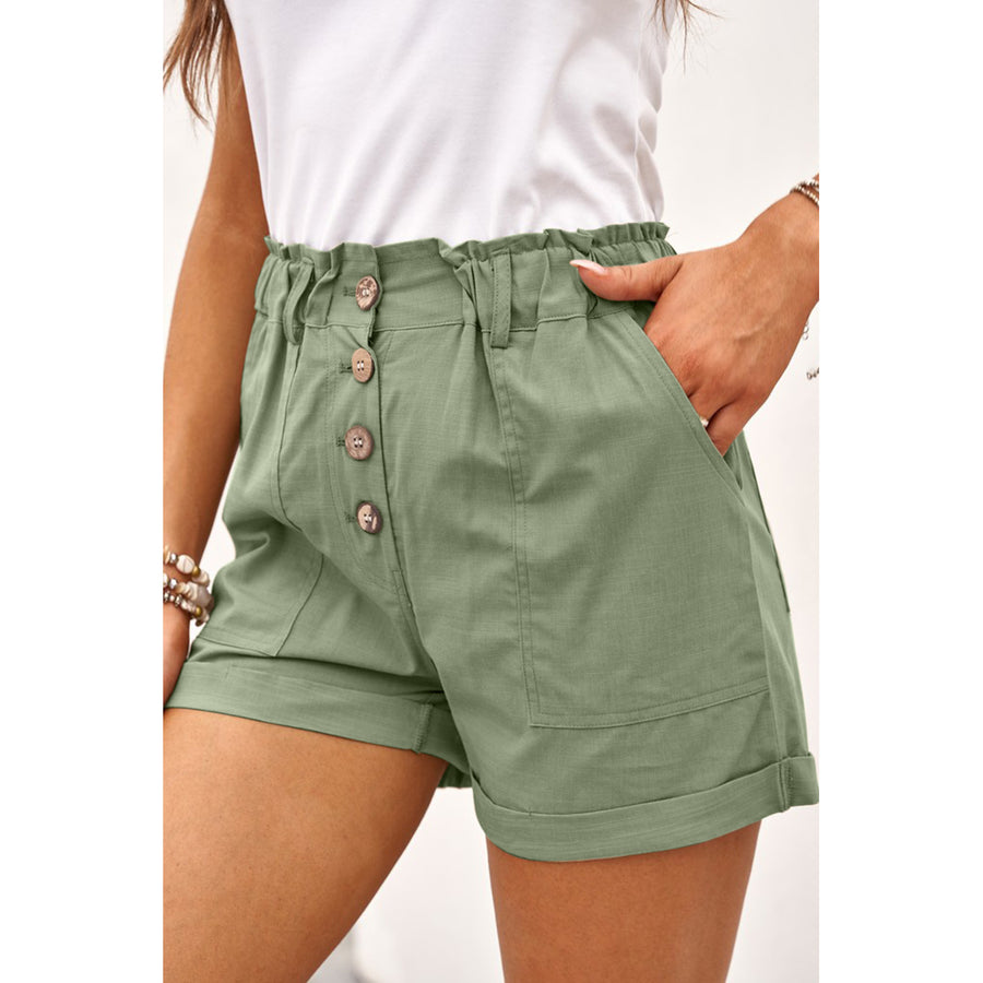 Womens Army Green Cuffed High Waist Shorts Image 1