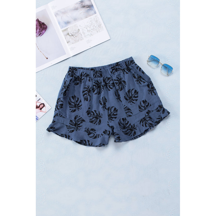 Womens Blue Palm Tree Leaves Print Elastic Waist Shorts with Pocket Image 1