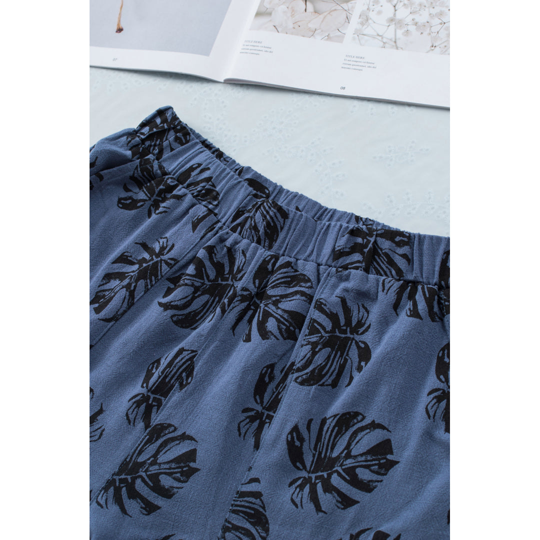 Womens Blue Palm Tree Leaves Print Elastic Waist Shorts with Pocket Image 3