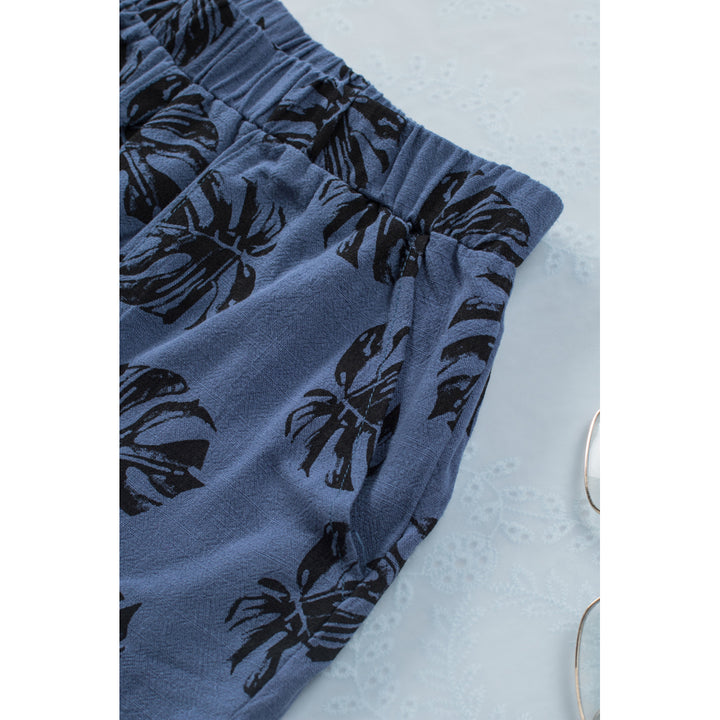 Womens Blue Palm Tree Leaves Print Elastic Waist Shorts with Pocket Image 4