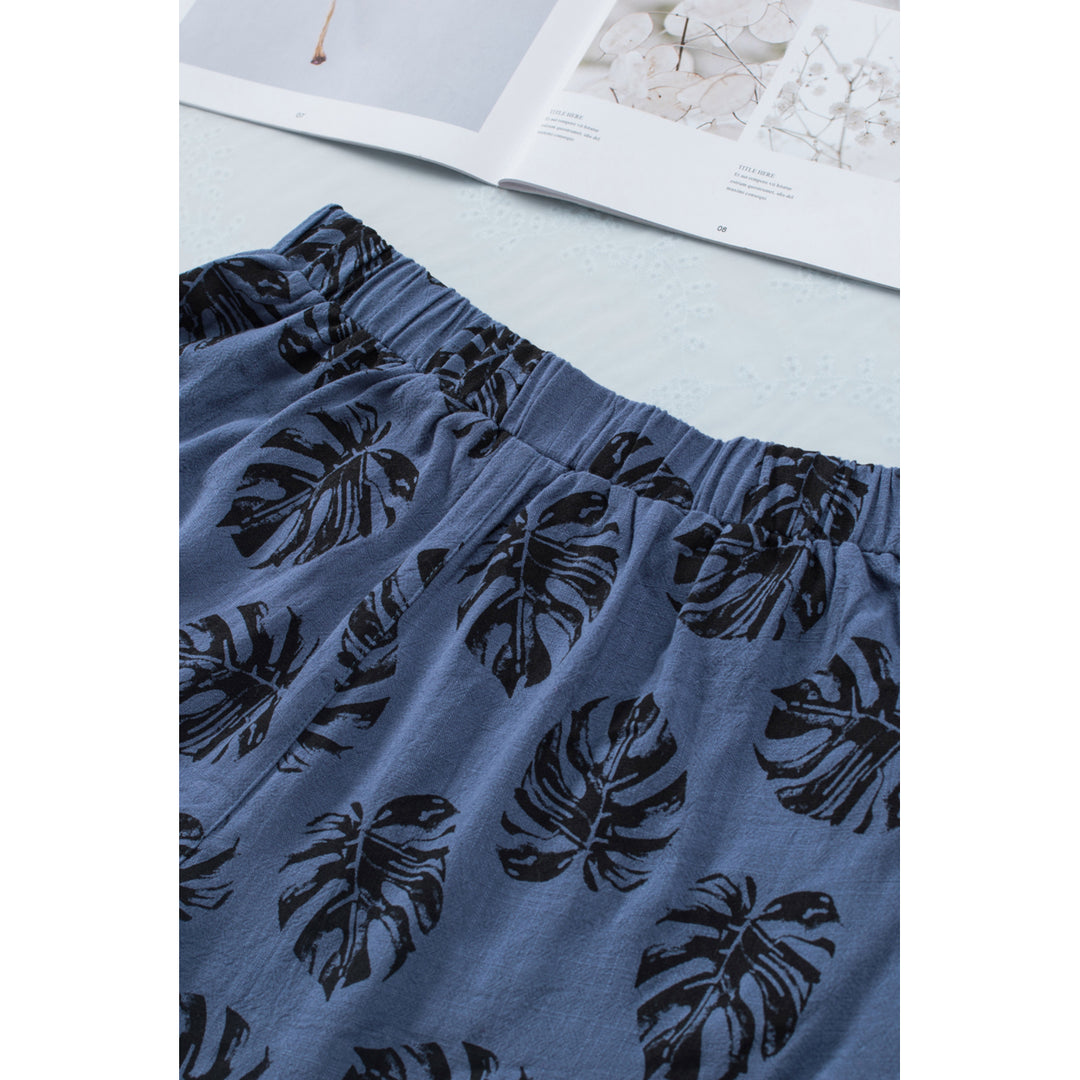 Womens Blue Palm Tree Leaves Print Elastic Waist Shorts with Pocket Image 7