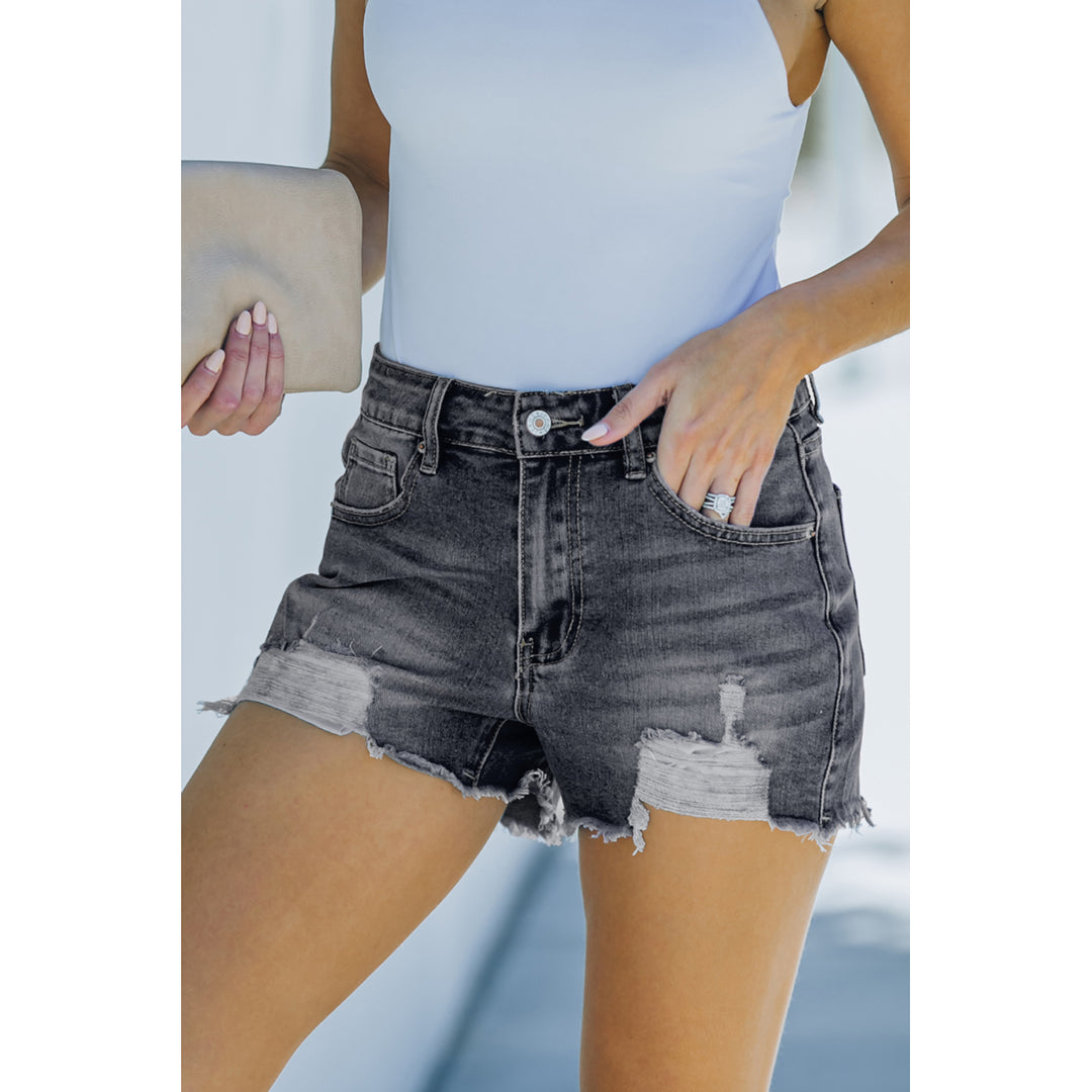 Womens Black Blue Distressed Frayed Denim Shorts Image 3