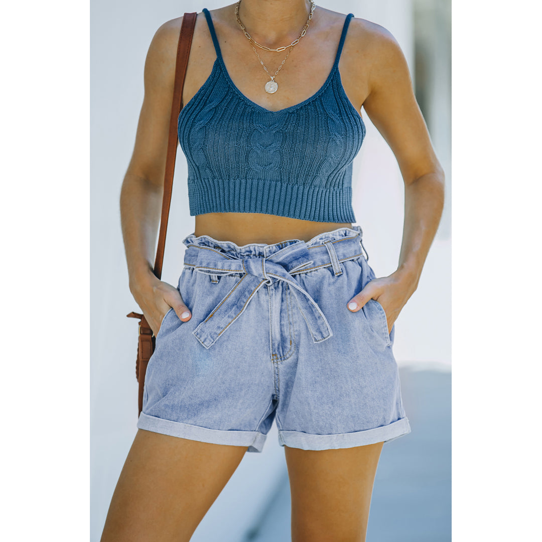 Womens Light Blue Paper Bag Waist Denim Shorts Image 4