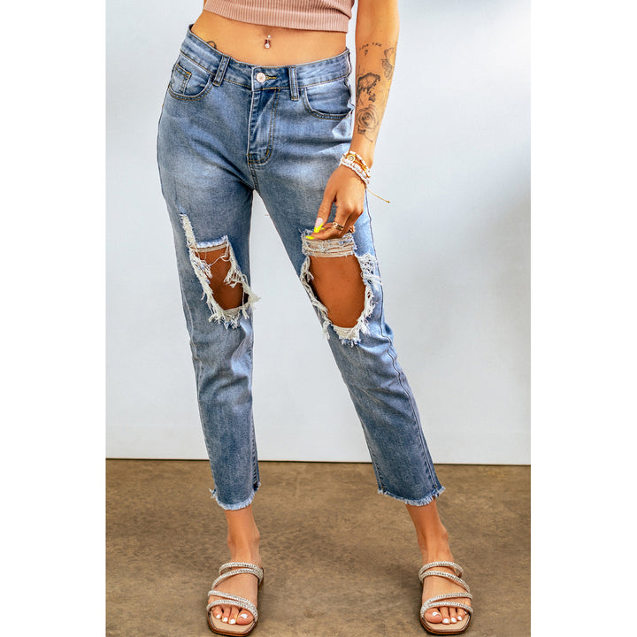 Womens Sky Blue Light Washed Ripped Straight Leg High Waist Jeans Image 1
