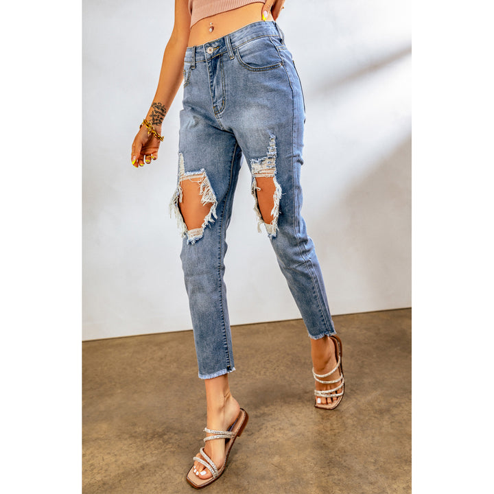 Womens Sky Blue Light Washed Ripped Straight Leg High Waist Jeans Image 3