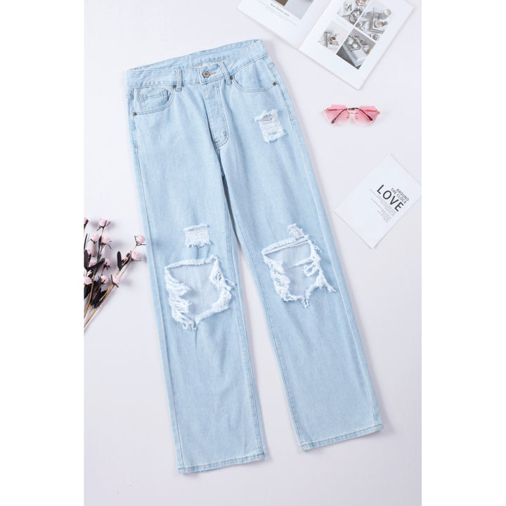 Womens Sky Blue Light Wash Cut out Distressed High Waist Jeans Image 1