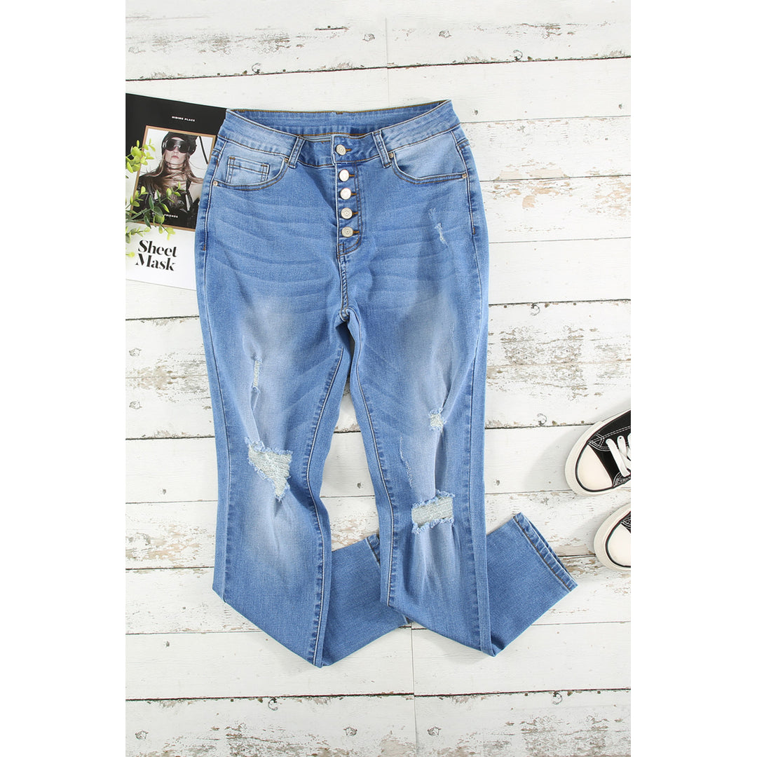 Womens High Rise Button Fly Distressed Slim-fit Jeans Image 1