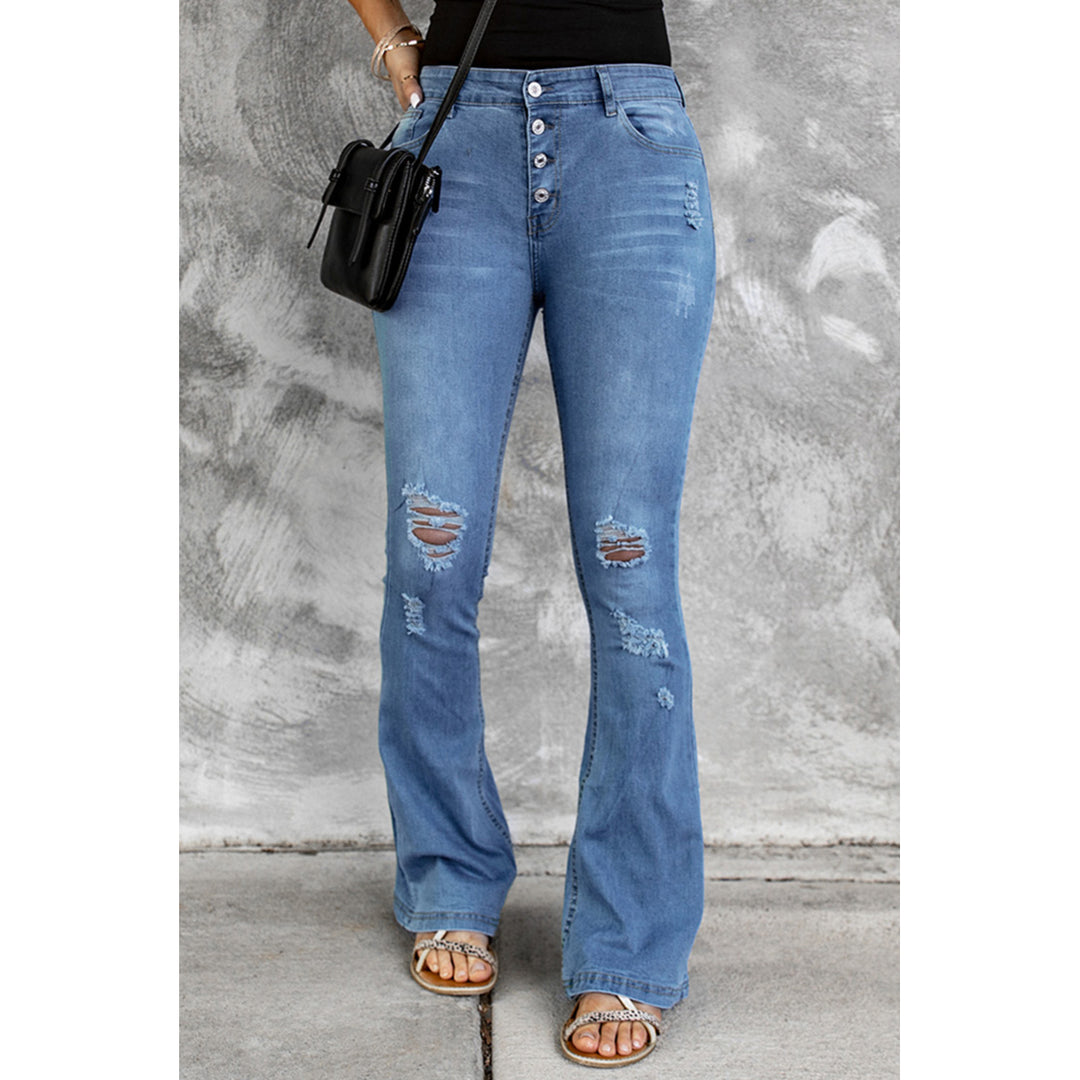 Womens Light Blue Mid Rise Button Front Flare Denim Image 1