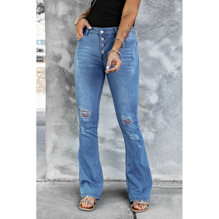 Womens Light Blue Mid Rise Button Front Flare Denim Image 4