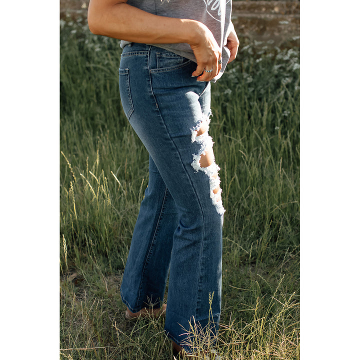 Womens Blue High Waist Distressed Bell Jeans Image 2