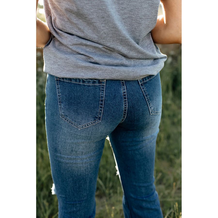 Womens Blue High Waist Distressed Bell Jeans Image 1