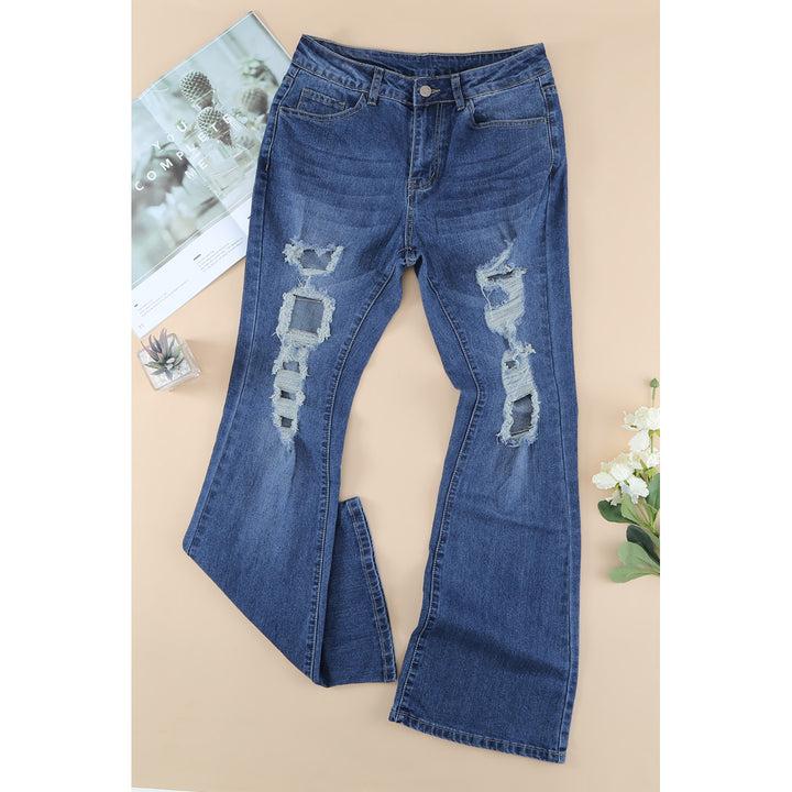 Womens Blue High Waist Distressed Bell Jeans Image 4