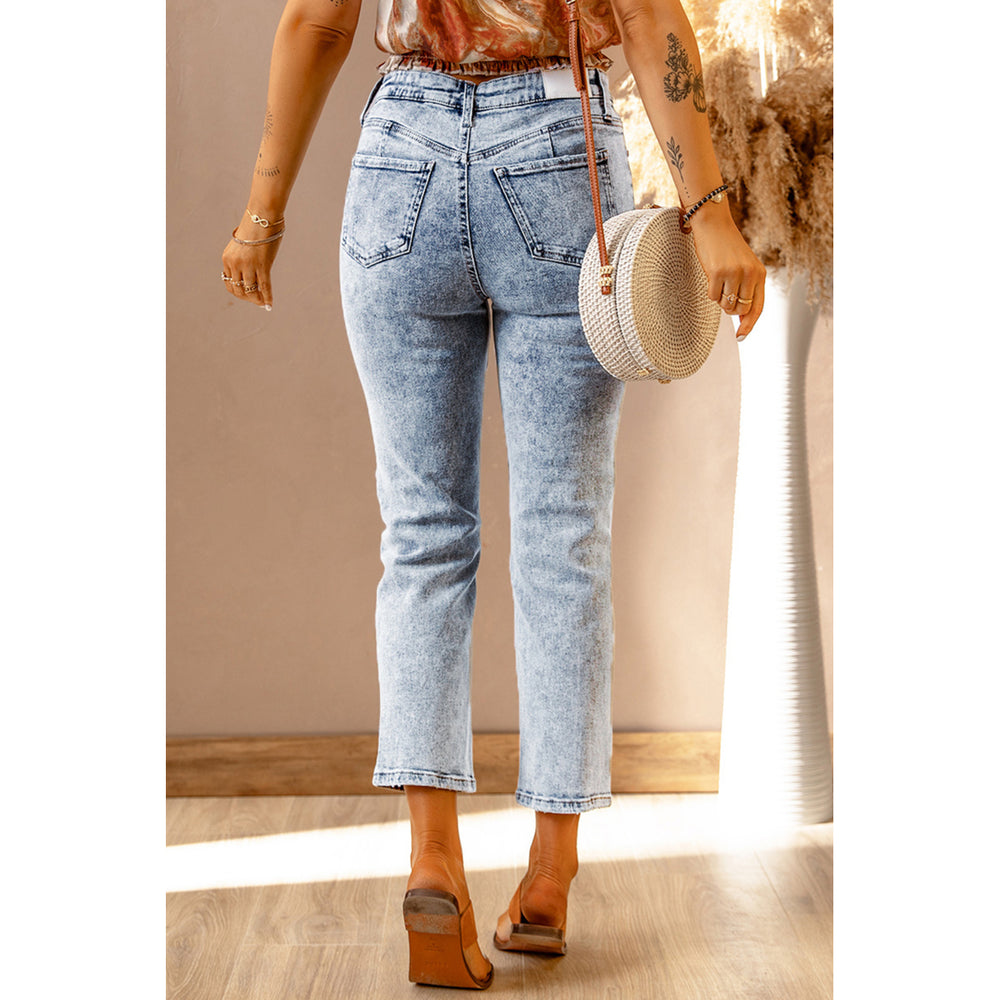 Womens Sky Blue Light Wash Ripped Straight Leg High Rise Jeans Image 2