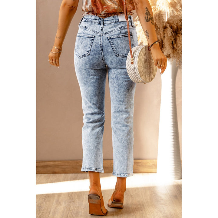 Womens Sky Blue Light Wash Ripped Straight Leg High Rise Jeans Image 1