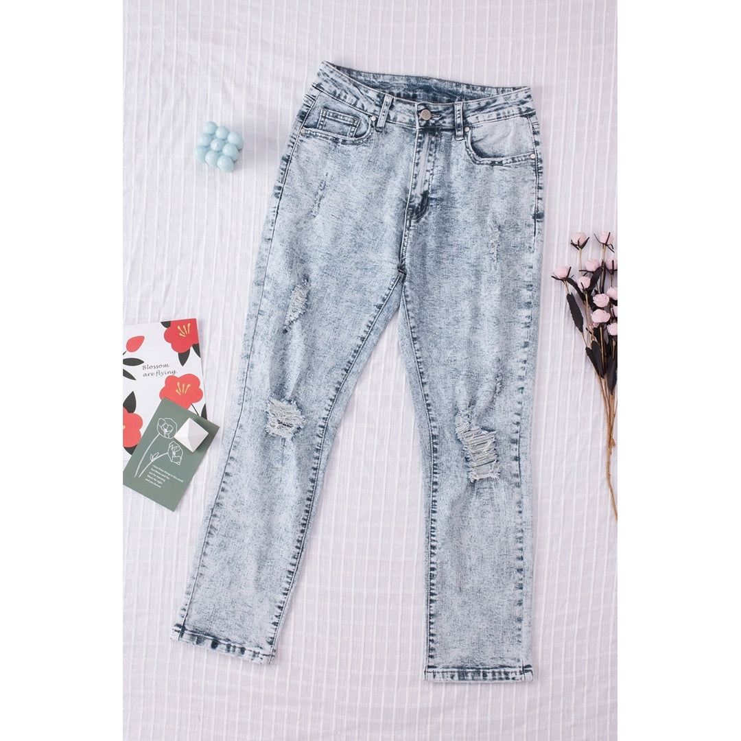 Womens Sky Blue Light Wash Ripped Straight Leg High Rise Jeans Image 4