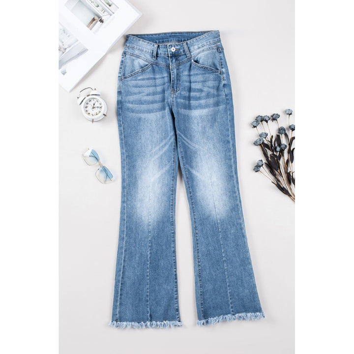 Women's Sky Blue Seamed Raw Hem High Rise Flare Jeans Image 1