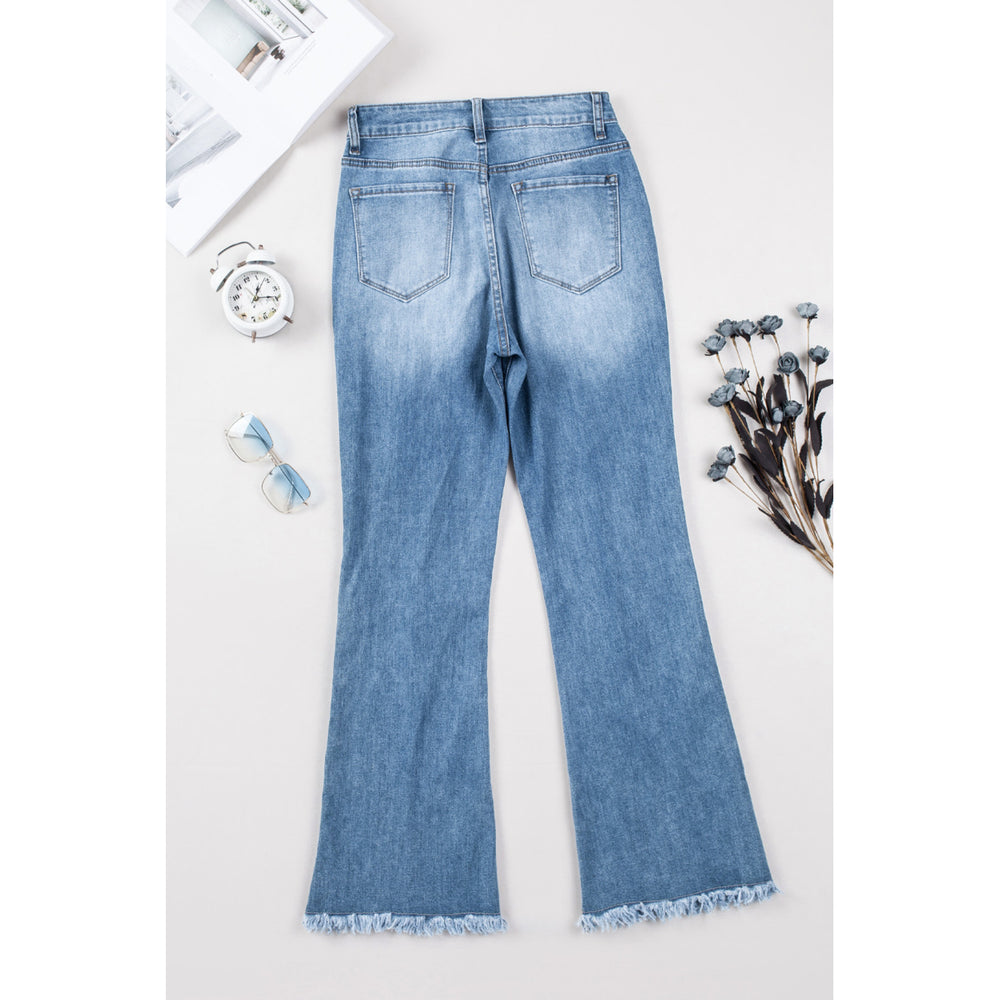 Women's Sky Blue Seamed Raw Hem High Rise Flare Jeans Image 2
