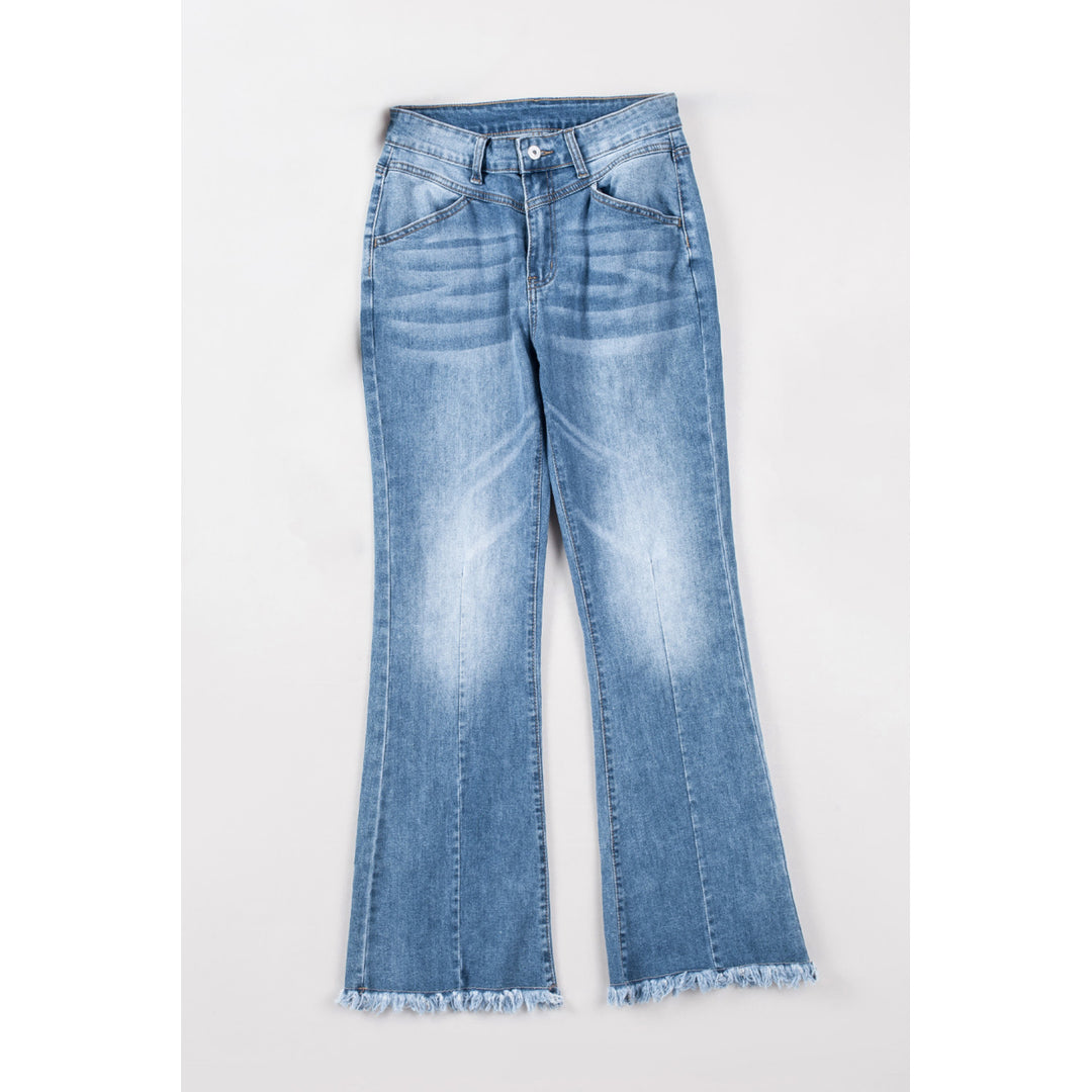 Women's Sky Blue Seamed Raw Hem High Rise Flare Jeans Image 3