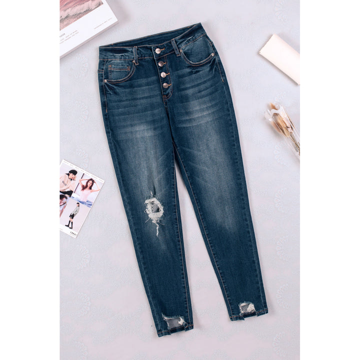 Women's Blue Button Fly High Waist Ripped Skinny Fit Ankle Jeans Image 1