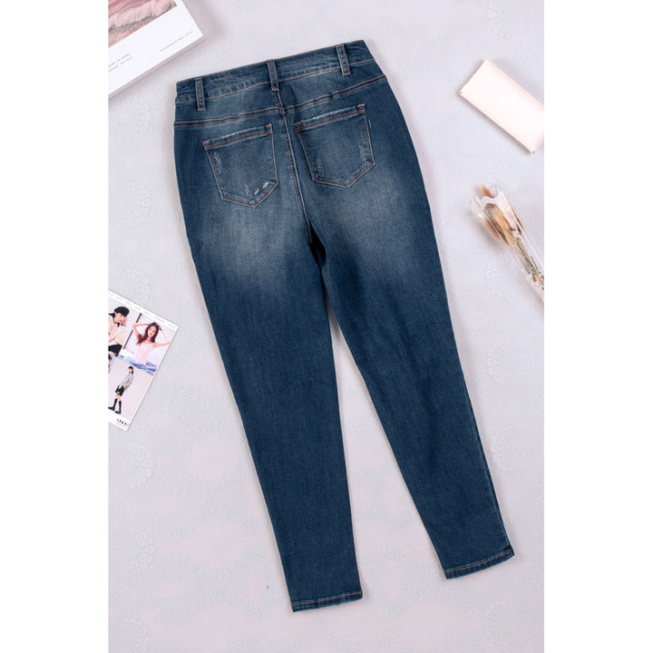 Women's Blue Button Fly High Waist Ripped Skinny Fit Ankle Jeans Image 2