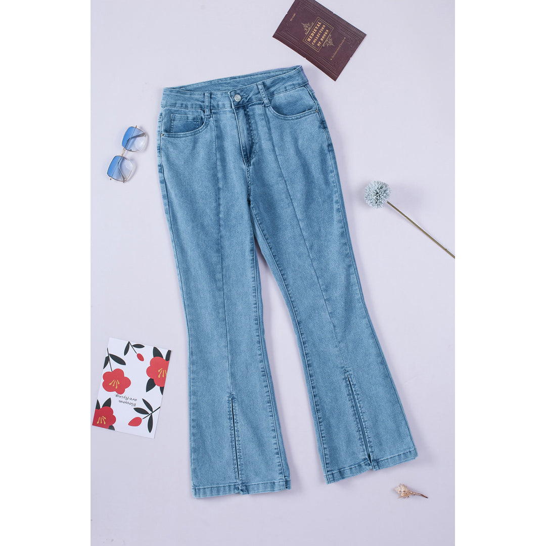 Women's Sky Blue High Waist Seamed Split Flare Jeans Image 1