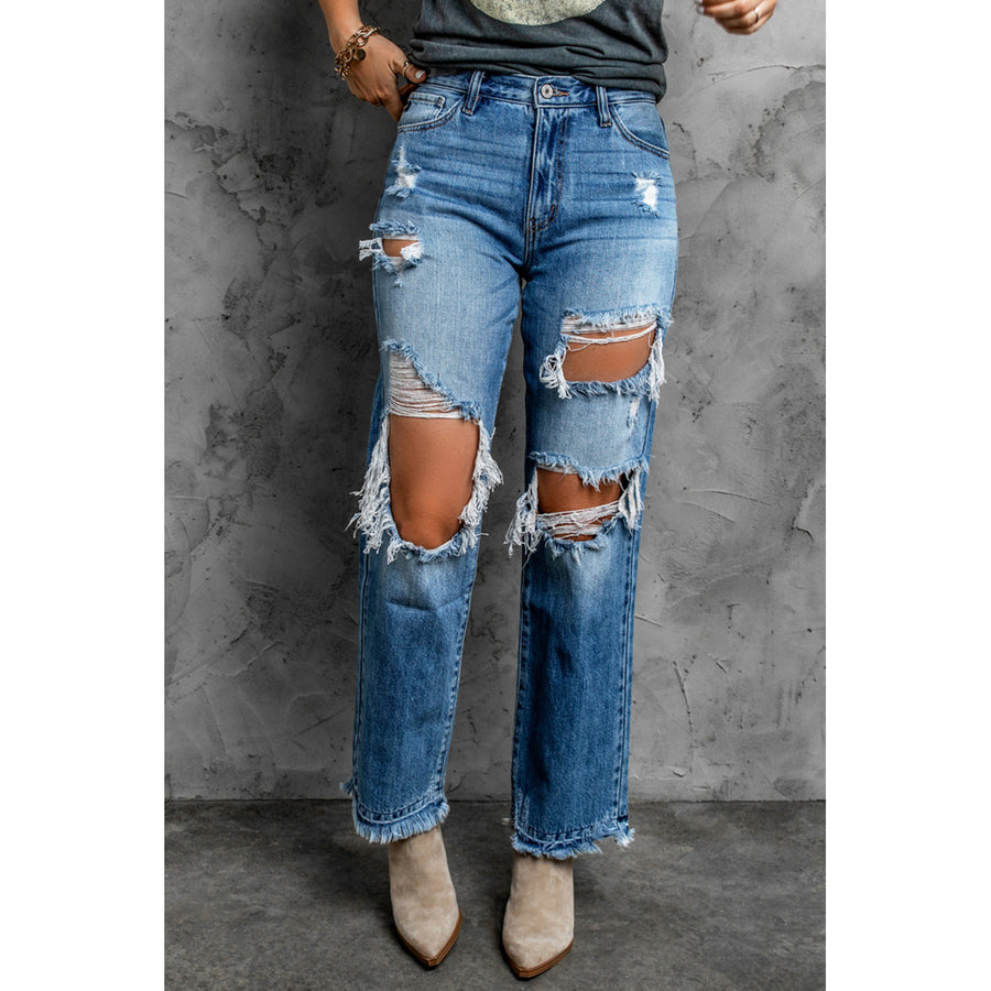 Womens Sky Blue Distressed Holes Hollow-out Boyfriend Jeans Image 1