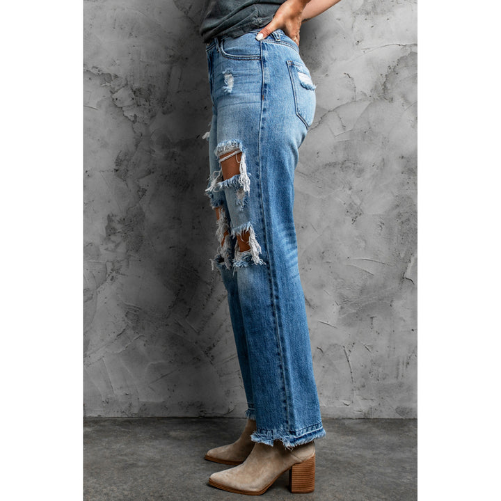 Womens Sky Blue Distressed Holes Hollow-out Boyfriend Jeans Image 2