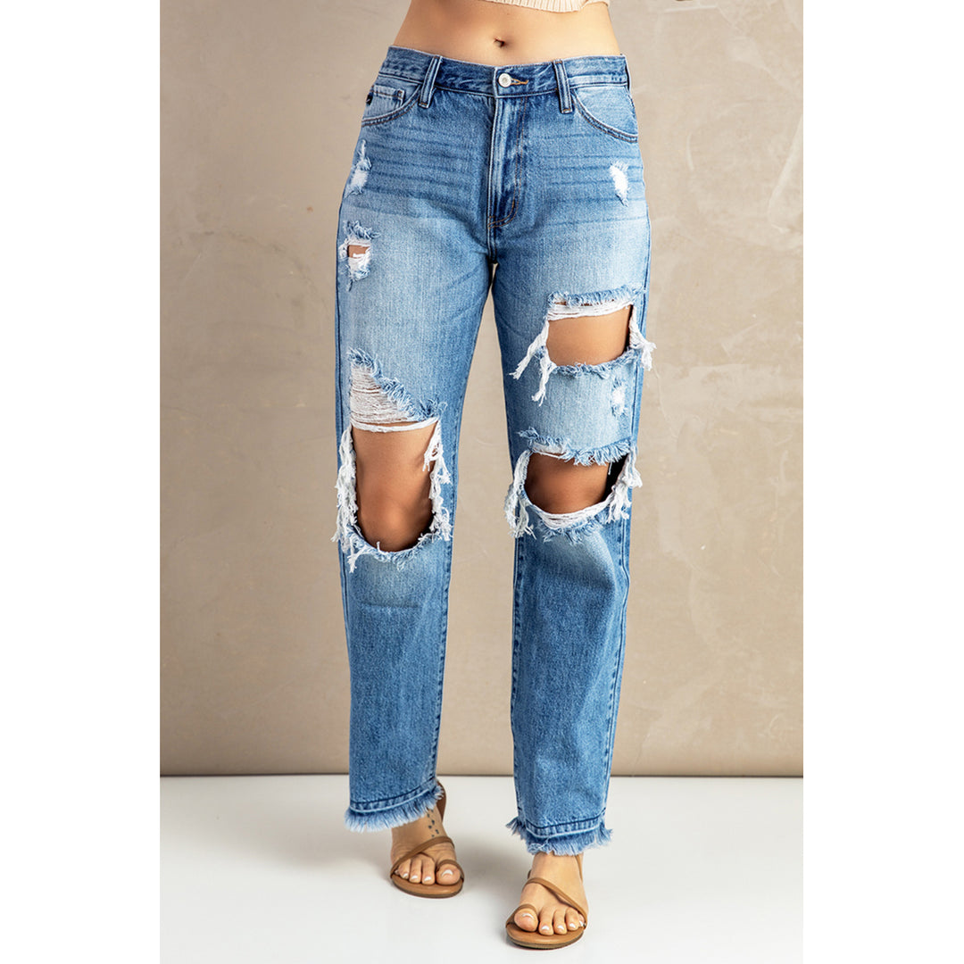 Womens Sky Blue Distressed Holes Hollow-out Boyfriend Jeans Image 4