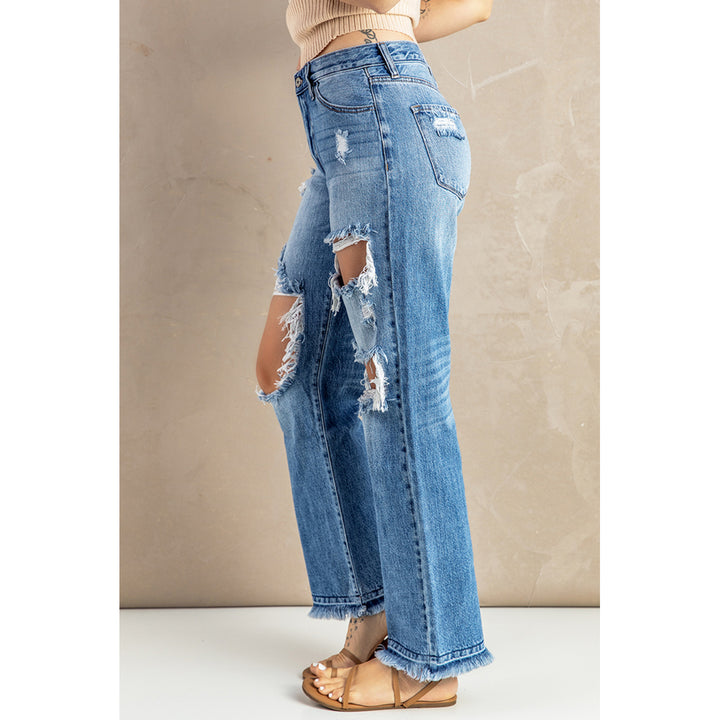 Womens Sky Blue Distressed Holes Hollow-out Boyfriend Jeans Image 6