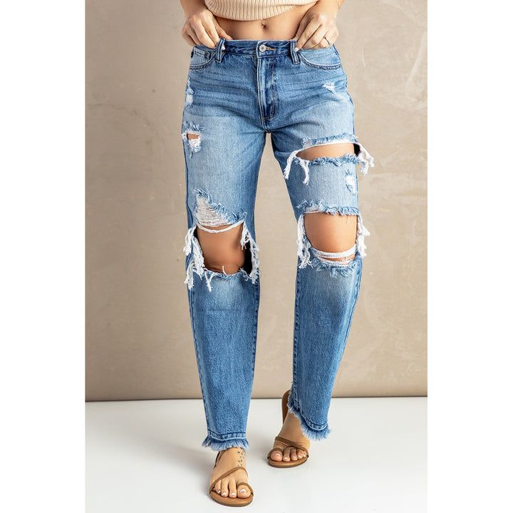 Womens Sky Blue Distressed Holes Hollow-out Boyfriend Jeans Image 8