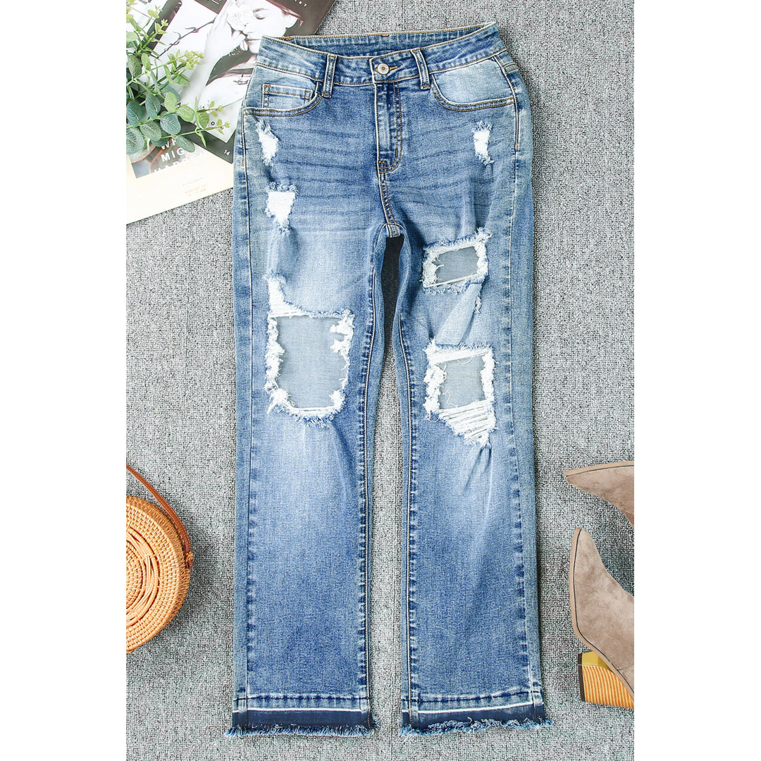 Womens Sky Blue Distressed Holes Hollow-out Boyfriend Jeans Image 9