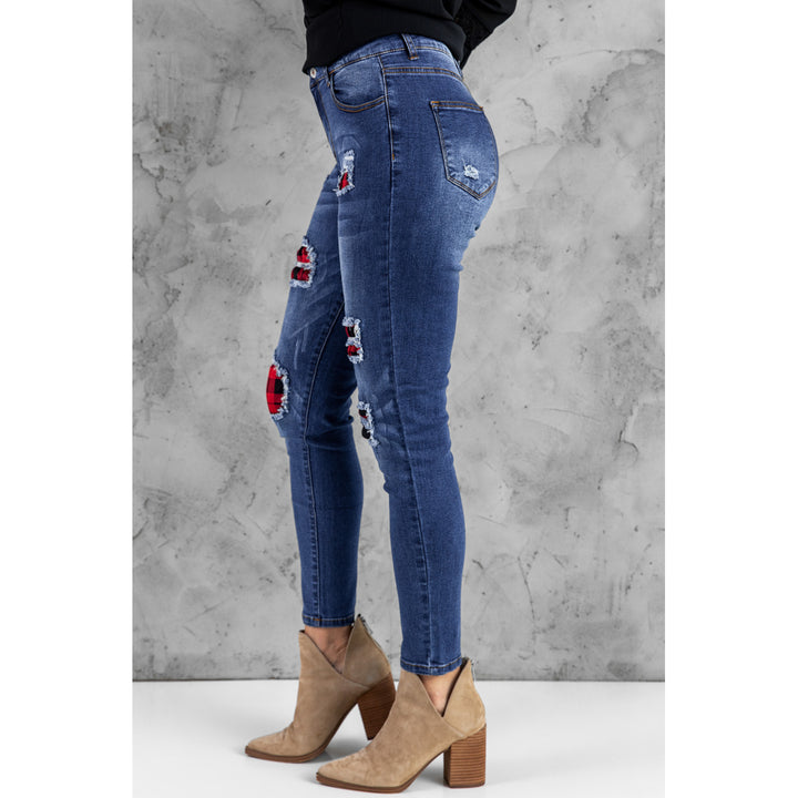 Women's Red Plaid Patch Destroyed Skinny Jeans Image 1
