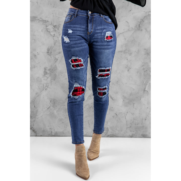Women's Red Plaid Patch Destroyed Skinny Jeans Image 3