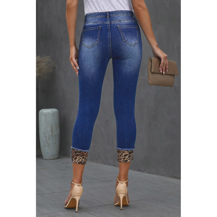 Women's Distressed Leopard Patches Blue Skinny Jeans Image 1