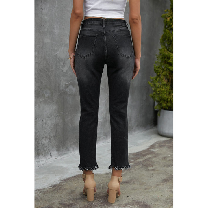 Women's Black Distressed Raw Hem Button Mid Waist Jeans Image 1