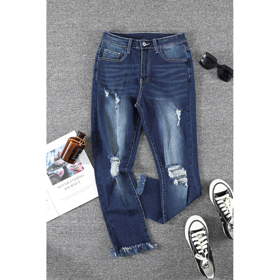 Women's Blue Distressed Raw Hem Button Mid Waist Jeans Image 1