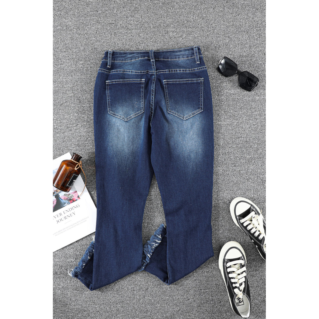 Women's Blue Distressed Raw Hem Button Mid Waist Jeans Image 2