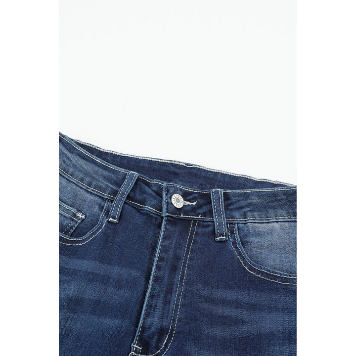 Women's Blue Distressed Raw Hem Button Mid Waist Jeans Image 3