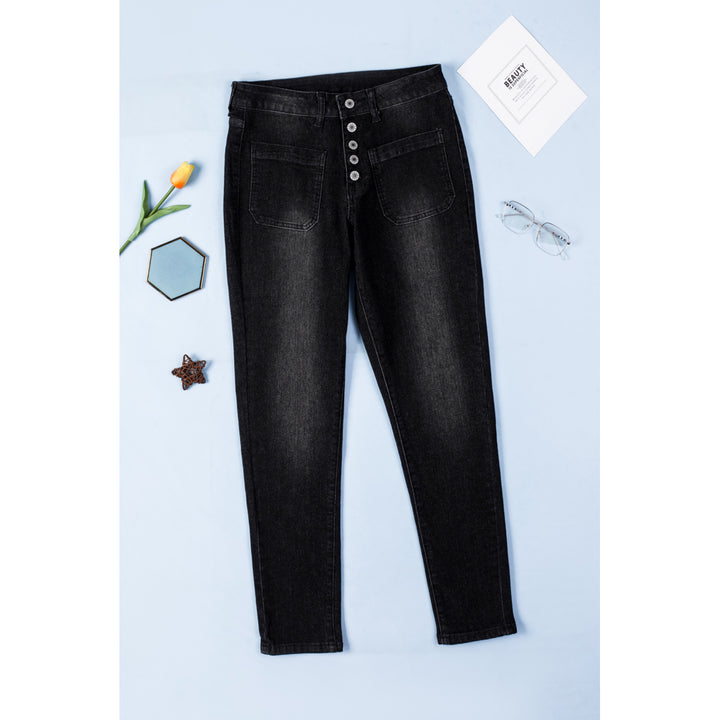 Womens Black Button Fly Skinny Jeans with Pockets Image 1