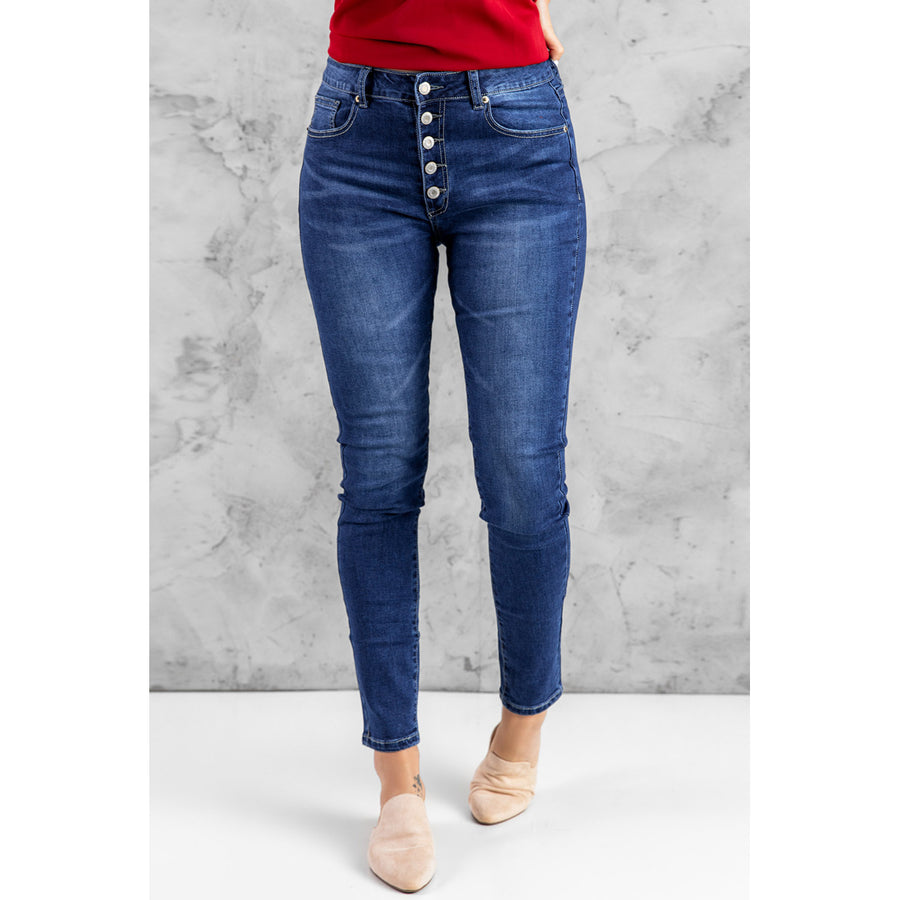 Women's Blue High Rise Skinny Button Fly Jeans Image 1