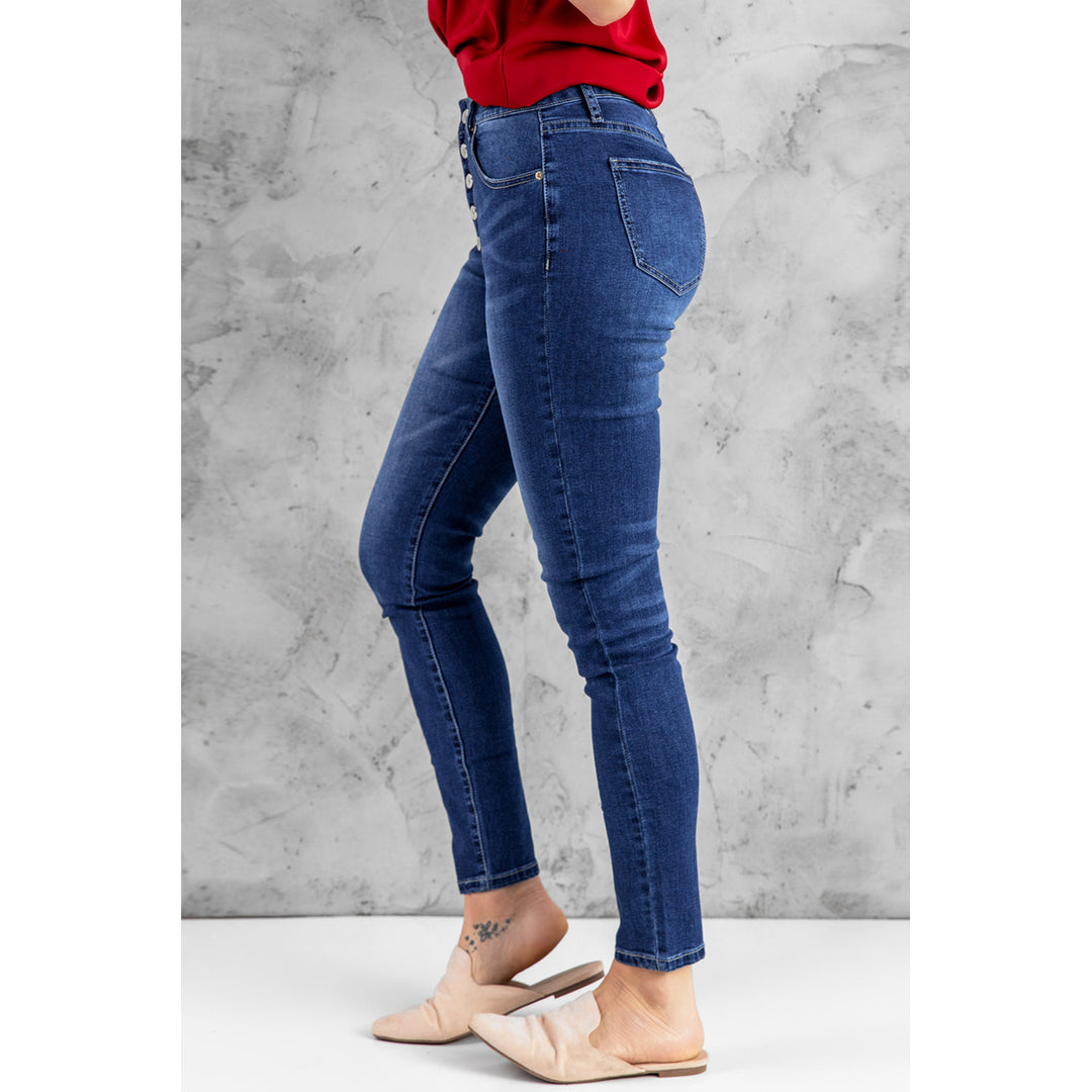 Women's Blue High Rise Skinny Button Fly Jeans Image 3