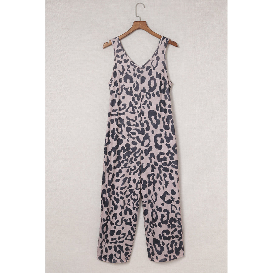 Womens Leopard Print Pockets Wide Leg Sleeveless Jumpsuit Image 1