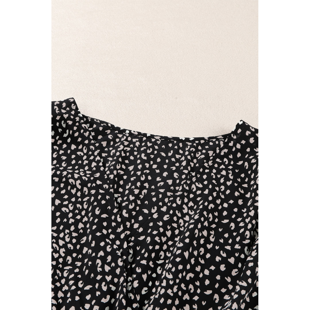 Womens Black Leopard Print Belted V Neck Short Sleeve Romper Image 8