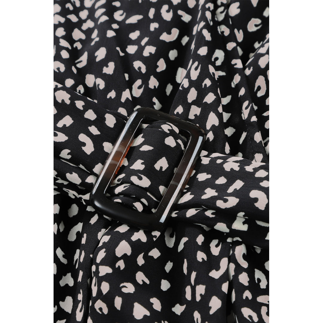 Womens Black Leopard Print Belted V Neck Short Sleeve Romper Image 10